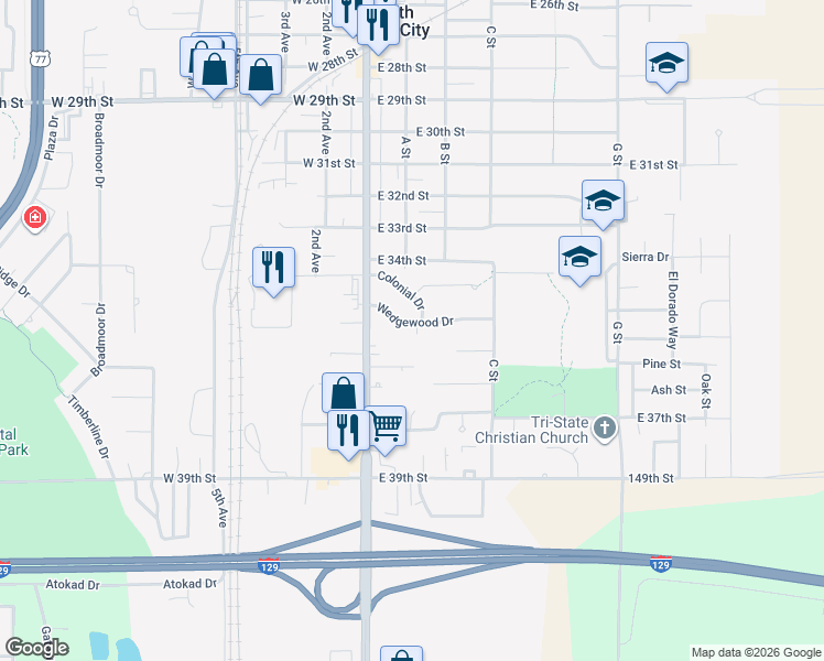 map of restaurants, bars, coffee shops, grocery stores, and more near 101-109 Wedgewood Drive in South Sioux City