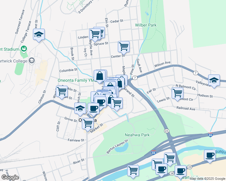 map of restaurants, bars, coffee shops, grocery stores, and more near 6 Elm Street in Oneonta
