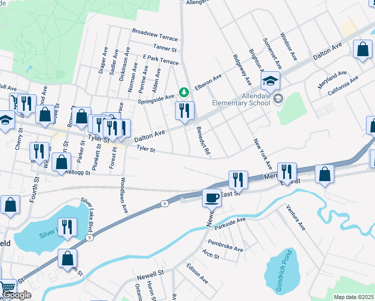 map of restaurants, bars, coffee shops, grocery stores, and more near 10 Dartmouth Street in Pittsfield