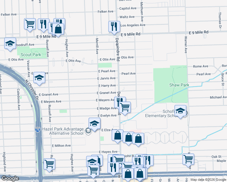 map of restaurants, bars, coffee shops, grocery stores, and more near 1805 East Granet Avenue in Hazel Park