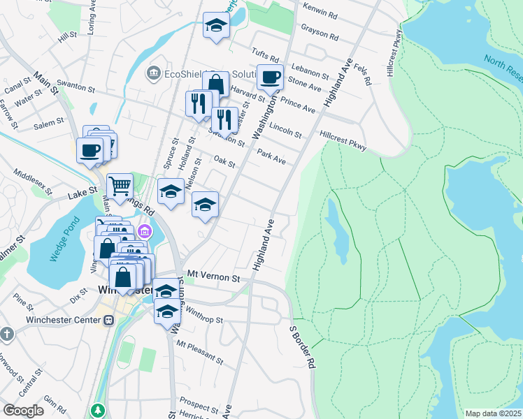 map of restaurants, bars, coffee shops, grocery stores, and more near 17 Webster Street in Winchester