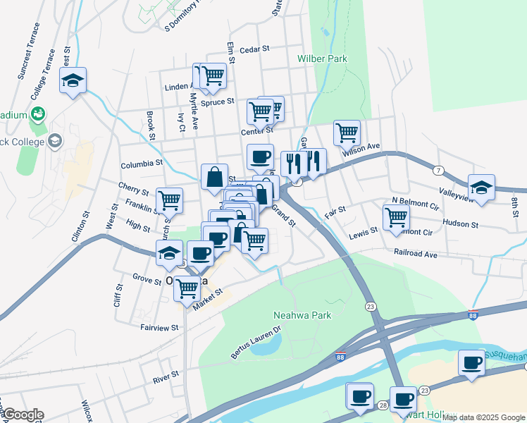 map of restaurants, bars, coffee shops, grocery stores, and more near 318 Main Street in Oneonta
