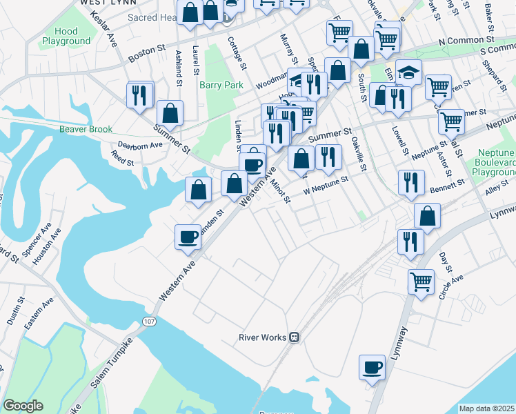 map of restaurants, bars, coffee shops, grocery stores, and more near 920 Western Avenue in Lynn