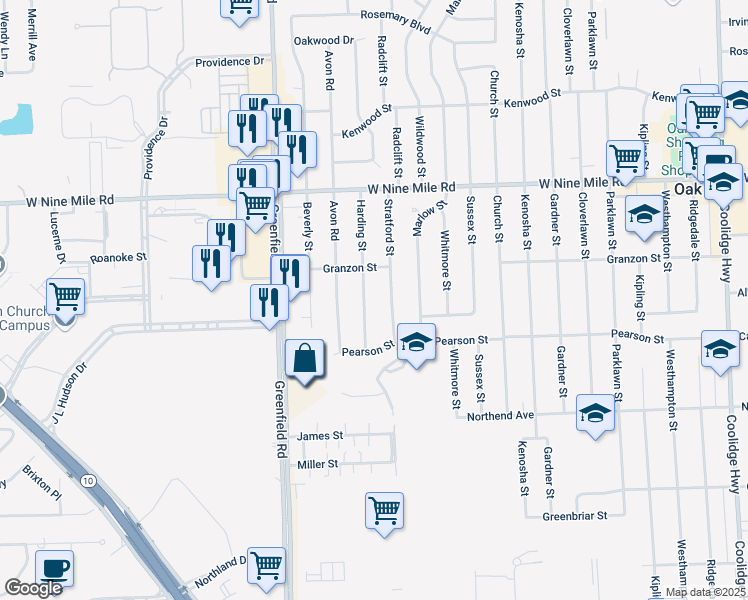 map of restaurants, bars, coffee shops, grocery stores, and more near 21910 Harding Street in Oak Park