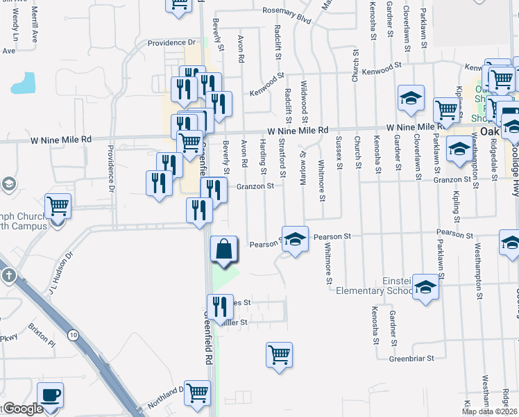map of restaurants, bars, coffee shops, grocery stores, and more near 21910 Harding Street in Oak Park