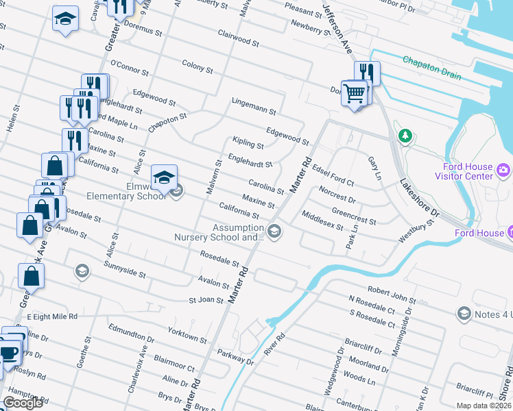 map of restaurants, bars, coffee shops, grocery stores, and more near 23006 Maxine Street in Saint Clair Shores