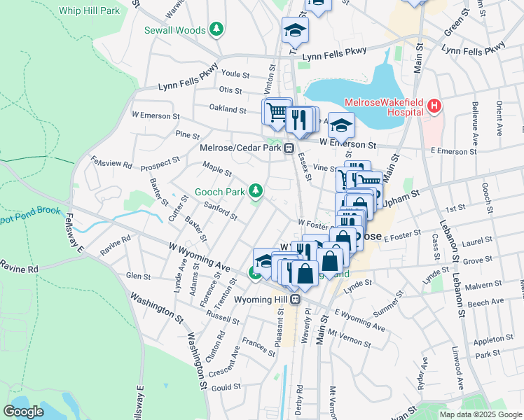map of restaurants, bars, coffee shops, grocery stores, and more near 191 Florence Street in Melrose