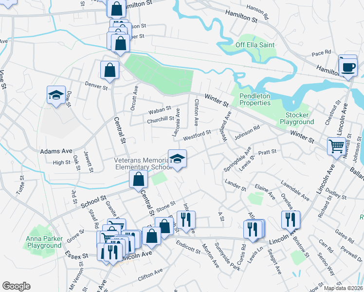map of restaurants, bars, coffee shops, grocery stores, and more near 53 Pelham Street in Saugus
