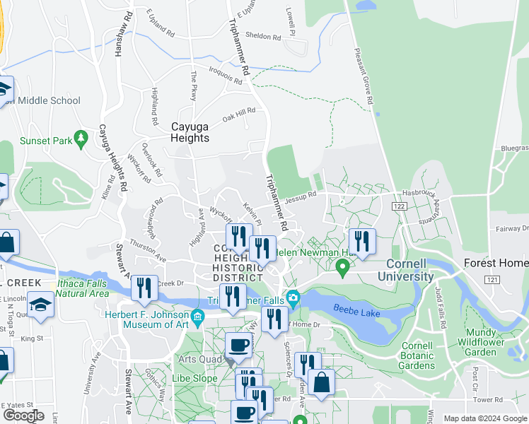 map of restaurants, bars, coffee shops, grocery stores, and more near 213 Dearborn Place in Ithaca