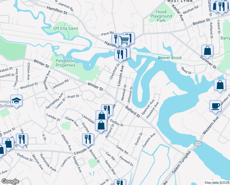 map of restaurants, bars, coffee shops, grocery stores, and more near 73 Lincoln Avenue in Saugus