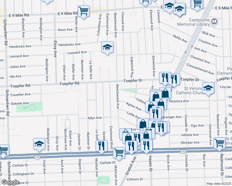 map of restaurants, bars, coffee shops, grocery stores, and more near 21355 Beechwood Ave in Eastpointe