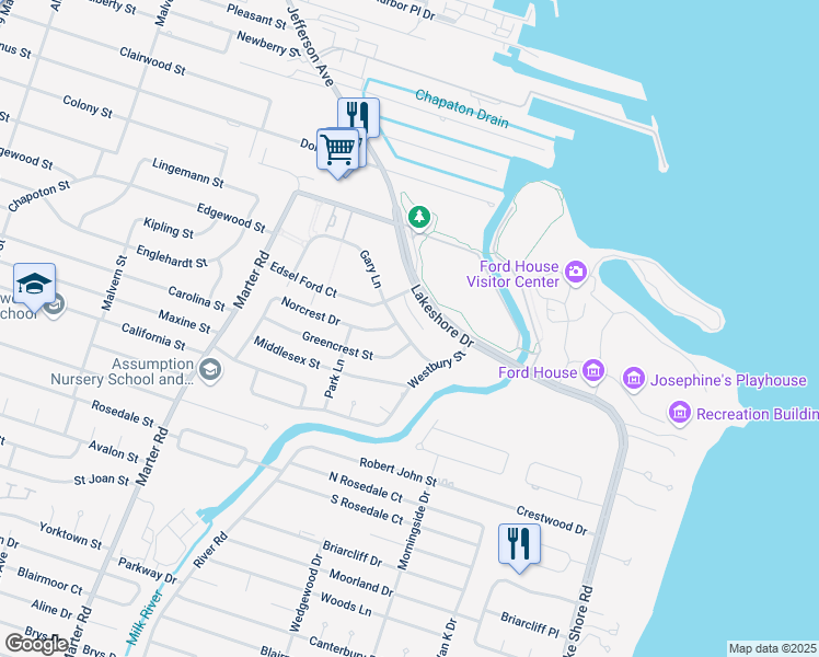 map of restaurants, bars, coffee shops, grocery stores, and more near 22824 Gary Lane in St. Clair Shores