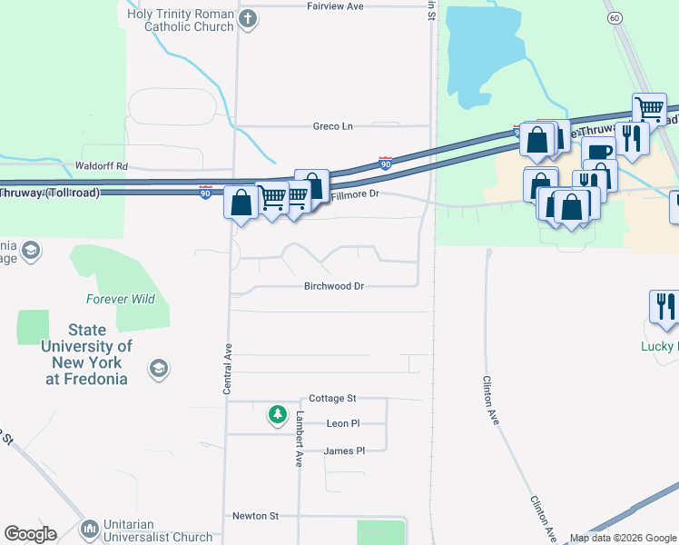 map of restaurants, bars, coffee shops, grocery stores, and more near 12 Middlesex Drive in Fredonia