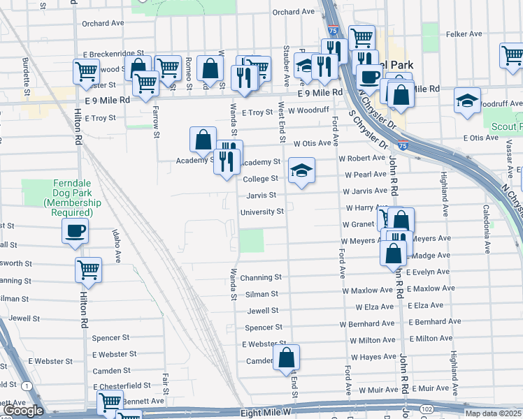 map of restaurants, bars, coffee shops, grocery stores, and more near 1669 University Street in Ferndale