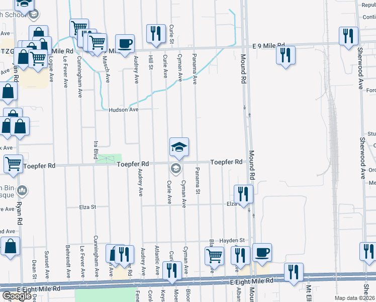 map of restaurants, bars, coffee shops, grocery stores, and more near 21808 Cyman Avenue in Warren