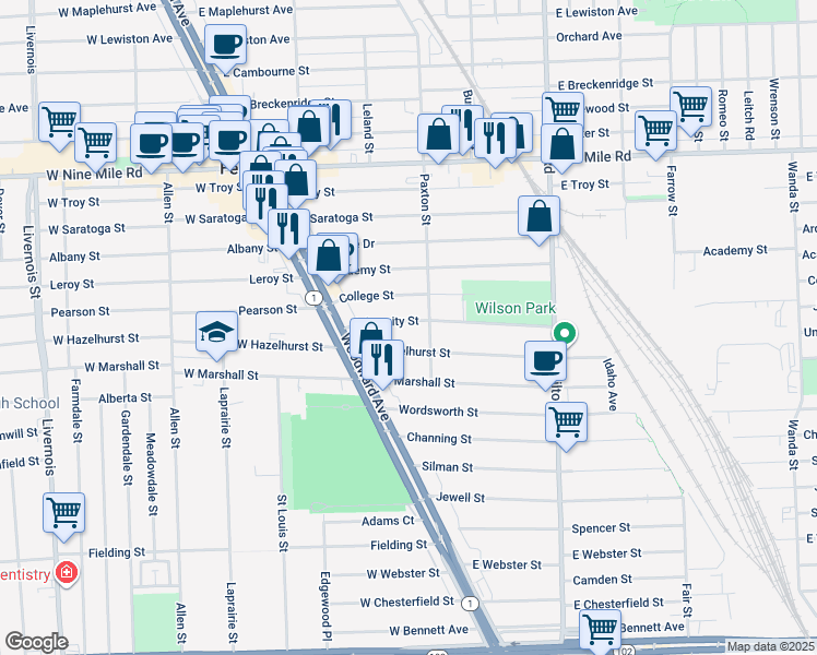 map of restaurants, bars, coffee shops, grocery stores, and more near 242 University Street in Ferndale