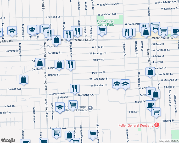map of restaurants, bars, coffee shops, grocery stores, and more near 1586 Pearson Street in Ferndale