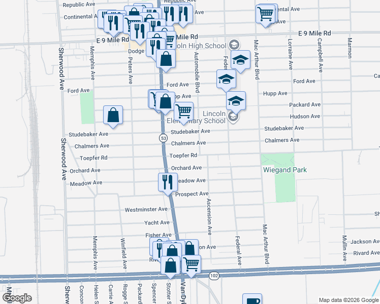 map of restaurants, bars, coffee shops, grocery stores, and more near 8137 Toepfer Road in Warren