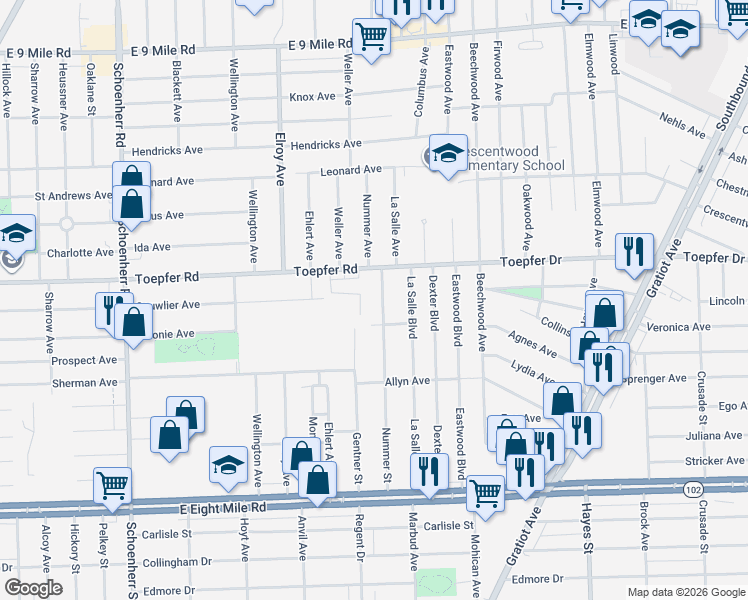 map of restaurants, bars, coffee shops, grocery stores, and more near 21381 Nummer Street in Warren