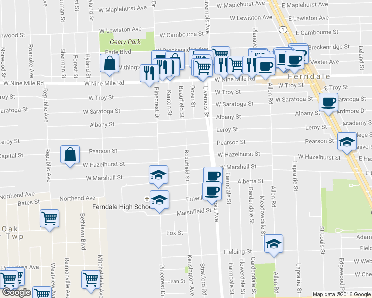 map of restaurants, bars, coffee shops, grocery stores, and more near 1003 Pearson Street in Ferndale