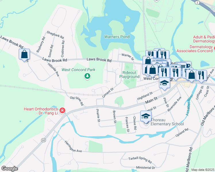 map of restaurants, bars, coffee shops, grocery stores, and more near 14B Conant St in Concord