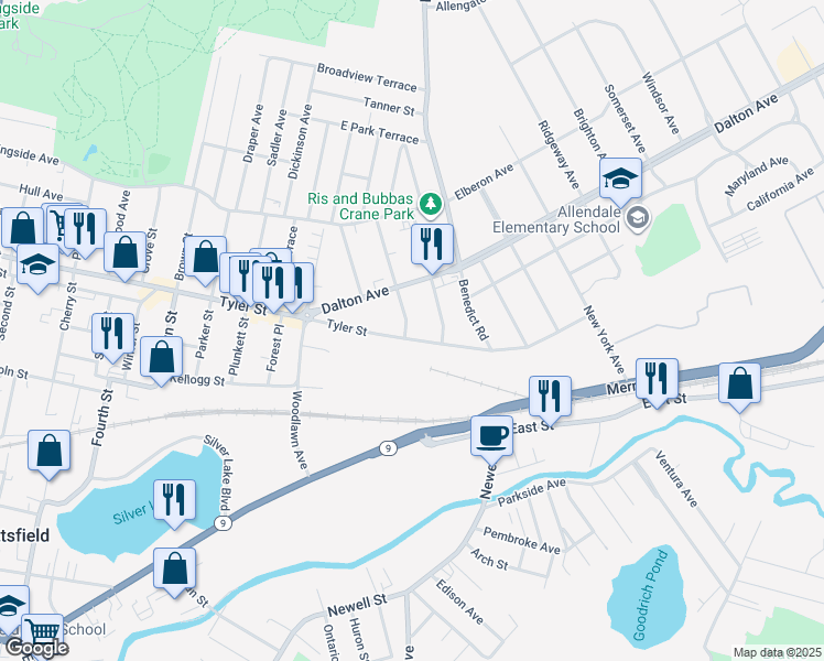 map of restaurants, bars, coffee shops, grocery stores, and more near 1045 Tyler Street in Pittsfield