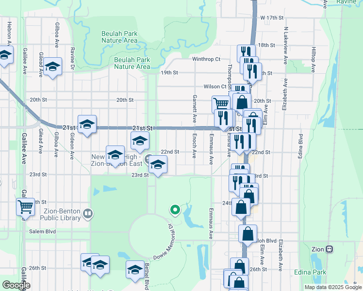 map of restaurants, bars, coffee shops, grocery stores, and more near 2115 Eshcol Avenue in Zion