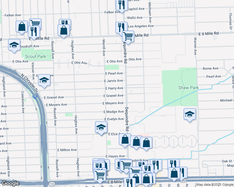map of restaurants, bars, coffee shops, grocery stores, and more near 1805 East Granet Avenue in Hazel Park