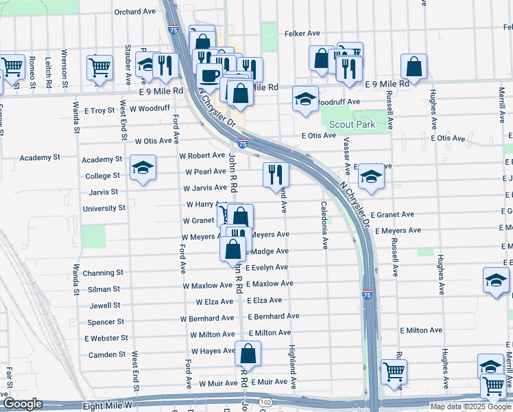 map of restaurants, bars, coffee shops, grocery stores, and more near 344 East Harry Avenue in Hazel Park