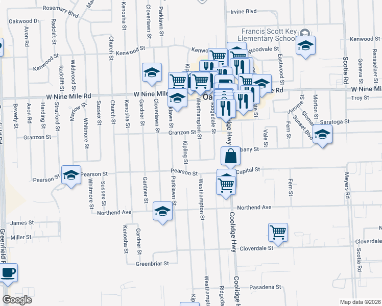 map of restaurants, bars, coffee shops, grocery stores, and more near 21870 Kipling Street in Oak Park
