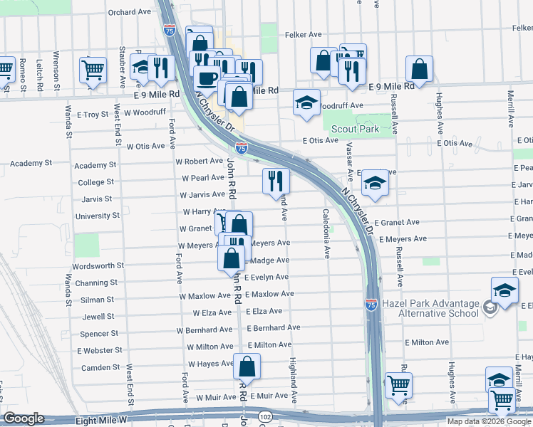 map of restaurants, bars, coffee shops, grocery stores, and more near 344 East Harry Avenue in Hazel Park