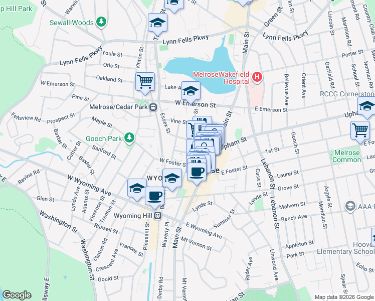 map of restaurants, bars, coffee shops, grocery stores, and more near 84 Myrtle St in Melrose