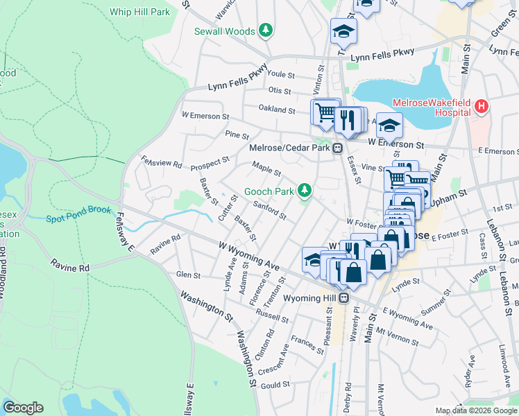map of restaurants, bars, coffee shops, grocery stores, and more near 46 Sanford Street in Melrose