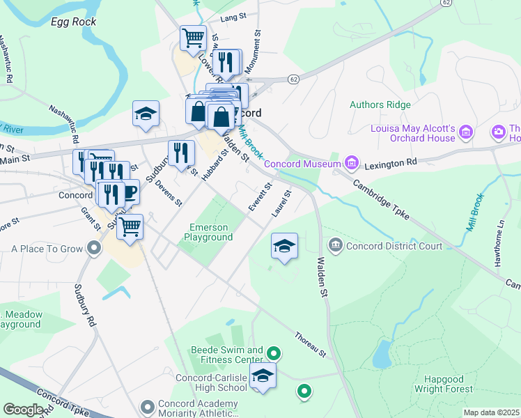 map of restaurants, bars, coffee shops, grocery stores, and more near 49 Everett Street in Concord