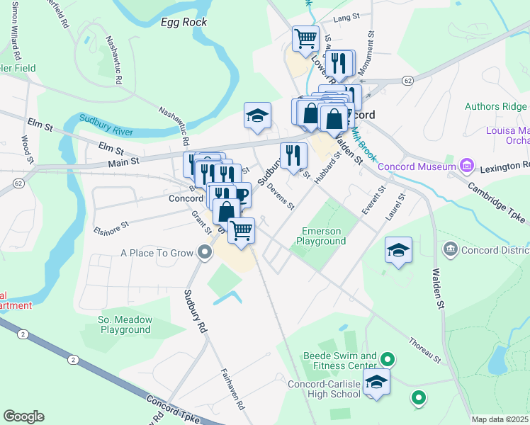 map of restaurants, bars, coffee shops, grocery stores, and more near 153 Thoreau Street in Concord