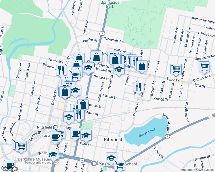 map of restaurants, bars, coffee shops, grocery stores, and more near 62 Wellington Avenue in Pittsfield