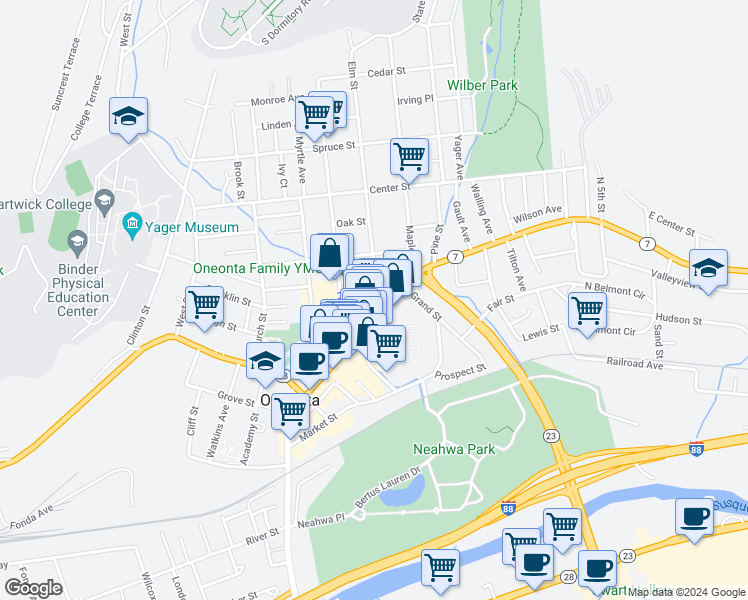 map of restaurants, bars, coffee shops, grocery stores, and more near 11 Elm Street in Oneonta