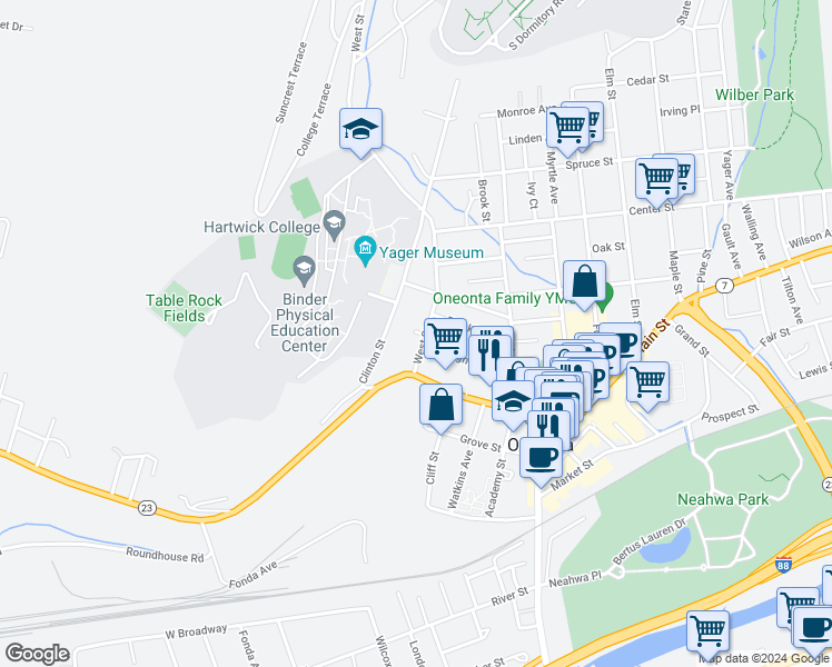 map of restaurants, bars, coffee shops, grocery stores, and more near 16 Clinton Street in Oneonta