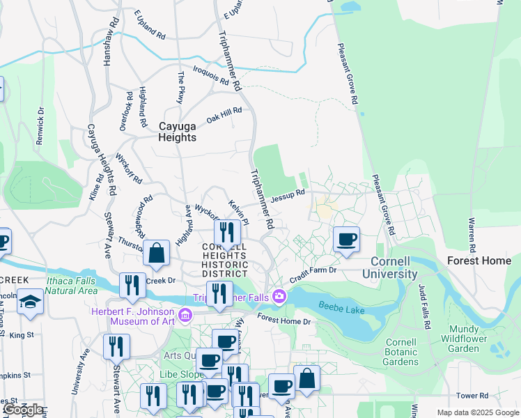 map of restaurants, bars, coffee shops, grocery stores, and more near in Ithaca