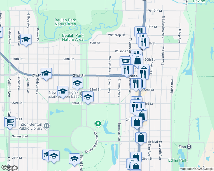 map of restaurants, bars, coffee shops, grocery stores, and more near 2115 Eshcol Avenue in Zion