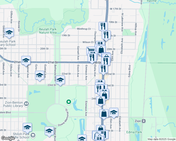 map of restaurants, bars, coffee shops, grocery stores, and more near 2115 Emmaus Avenue in Zion