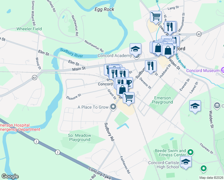 map of restaurants, bars, coffee shops, grocery stores, and more near 8 Byron Street in Concord