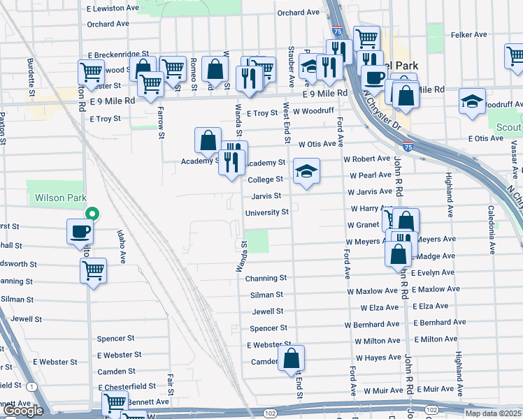 map of restaurants, bars, coffee shops, grocery stores, and more near 1669 University Street in Ferndale