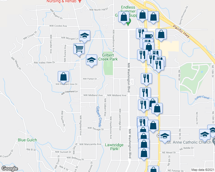 map of restaurants, bars, coffee shops, grocery stores, and more near 1521 Northwest Thompson Way in Grants Pass