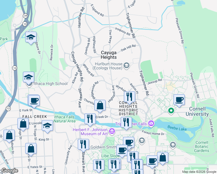 map of restaurants, bars, coffee shops, grocery stores, and more near 105 Westbourne Lane in Ithaca