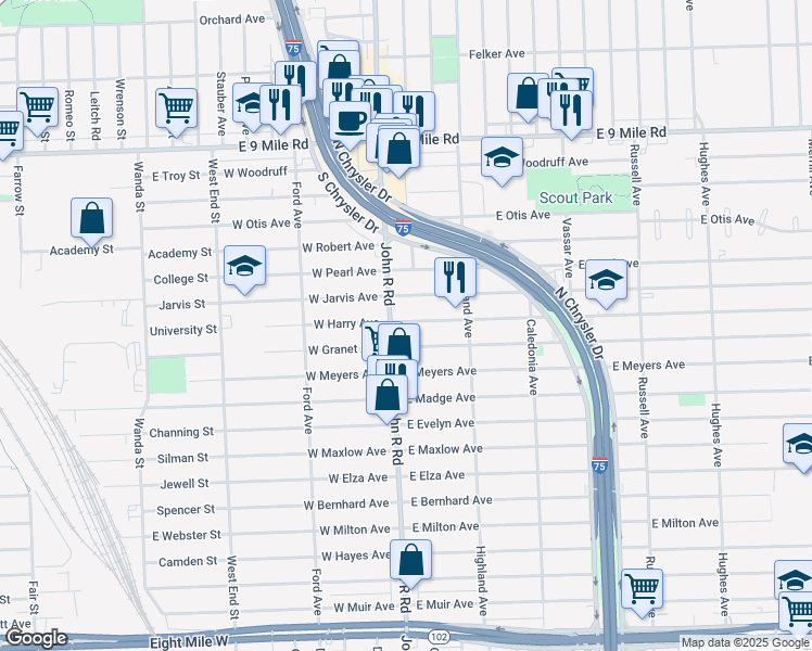 map of restaurants, bars, coffee shops, grocery stores, and more near 28 East Harry Avenue in Hazel Park