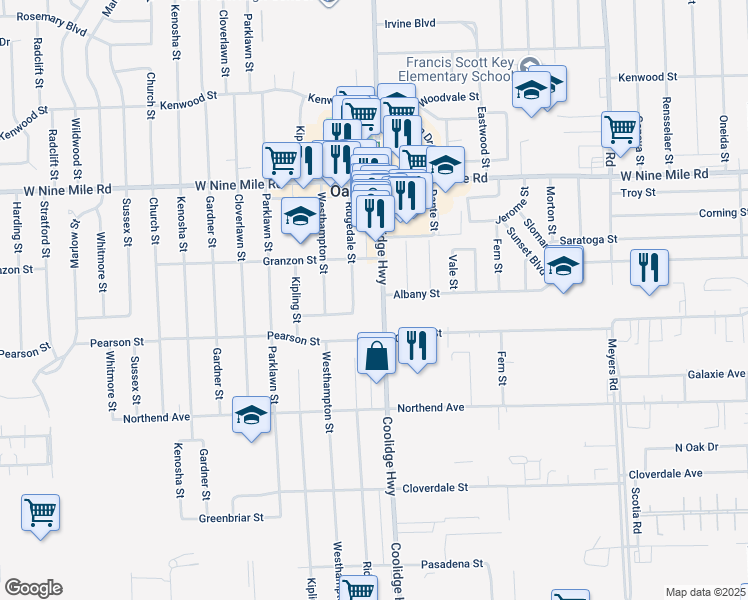 map of restaurants, bars, coffee shops, grocery stores, and more near 21861 Coolidge Highway in Oak Park