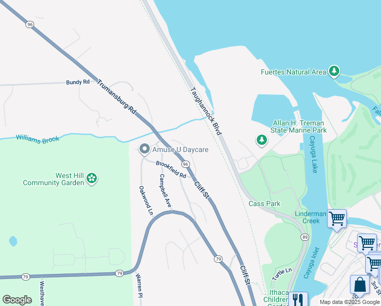 map of restaurants, bars, coffee shops, grocery stores, and more near 114 Williams Glen Road in Ithaca