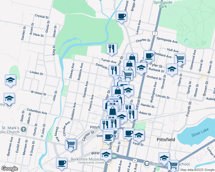 map of restaurants, bars, coffee shops, grocery stores, and more near 40 Linden Street in Pittsfield