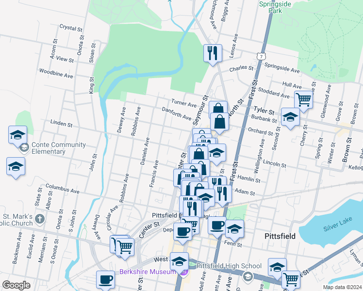 map of restaurants, bars, coffee shops, grocery stores, and more near 40 Linden Street in Pittsfield